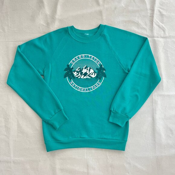 Vintage | "Grand Teton" Crew Neck Raglan Graphic Sweatshirt - Sz S / Aqua - Picture 2 of 10